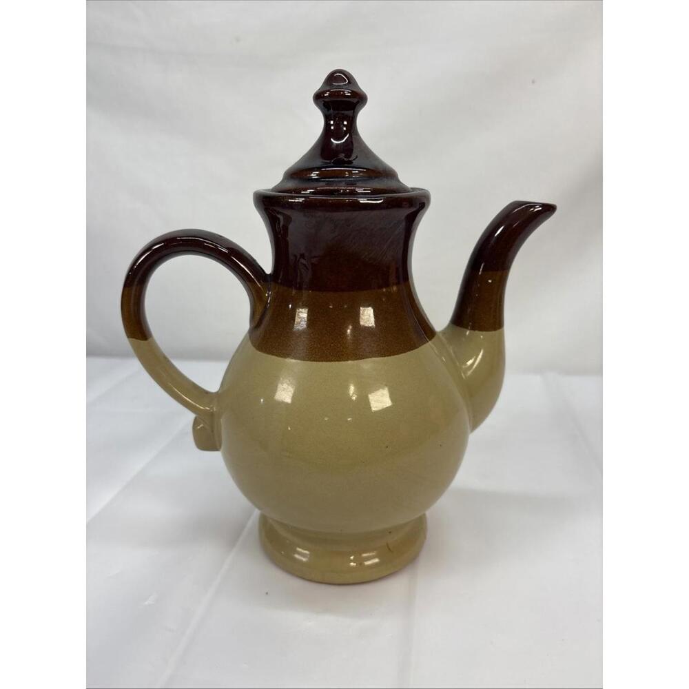 CERAMIC TEAPOT BROWN TAN WITH LID TOP 10" Tall  Vintage